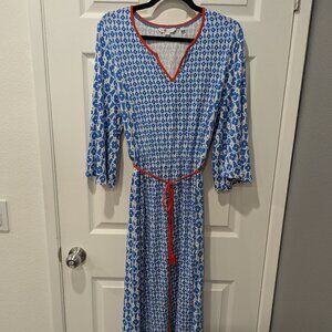 Boden Blue & White Printed Midi Dress – US 12R – Tie Waist